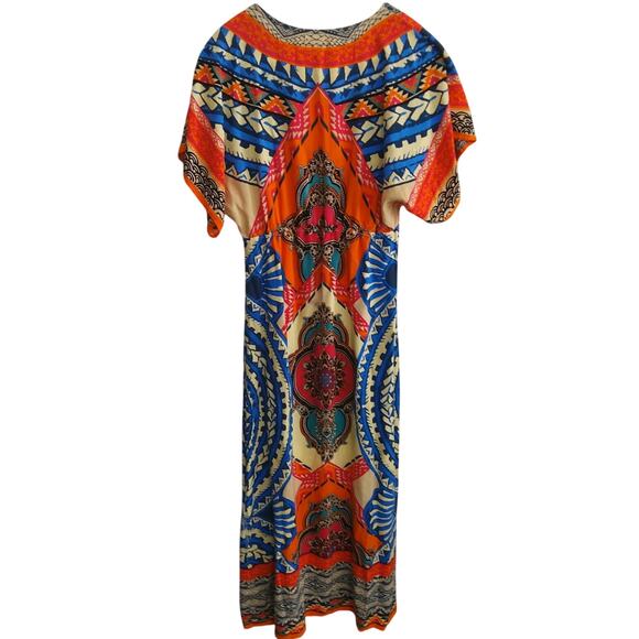 Bohemian Festival Maxidress Dopamine V neck flowy tribal lightweight orange blue - Picture 2 of 8